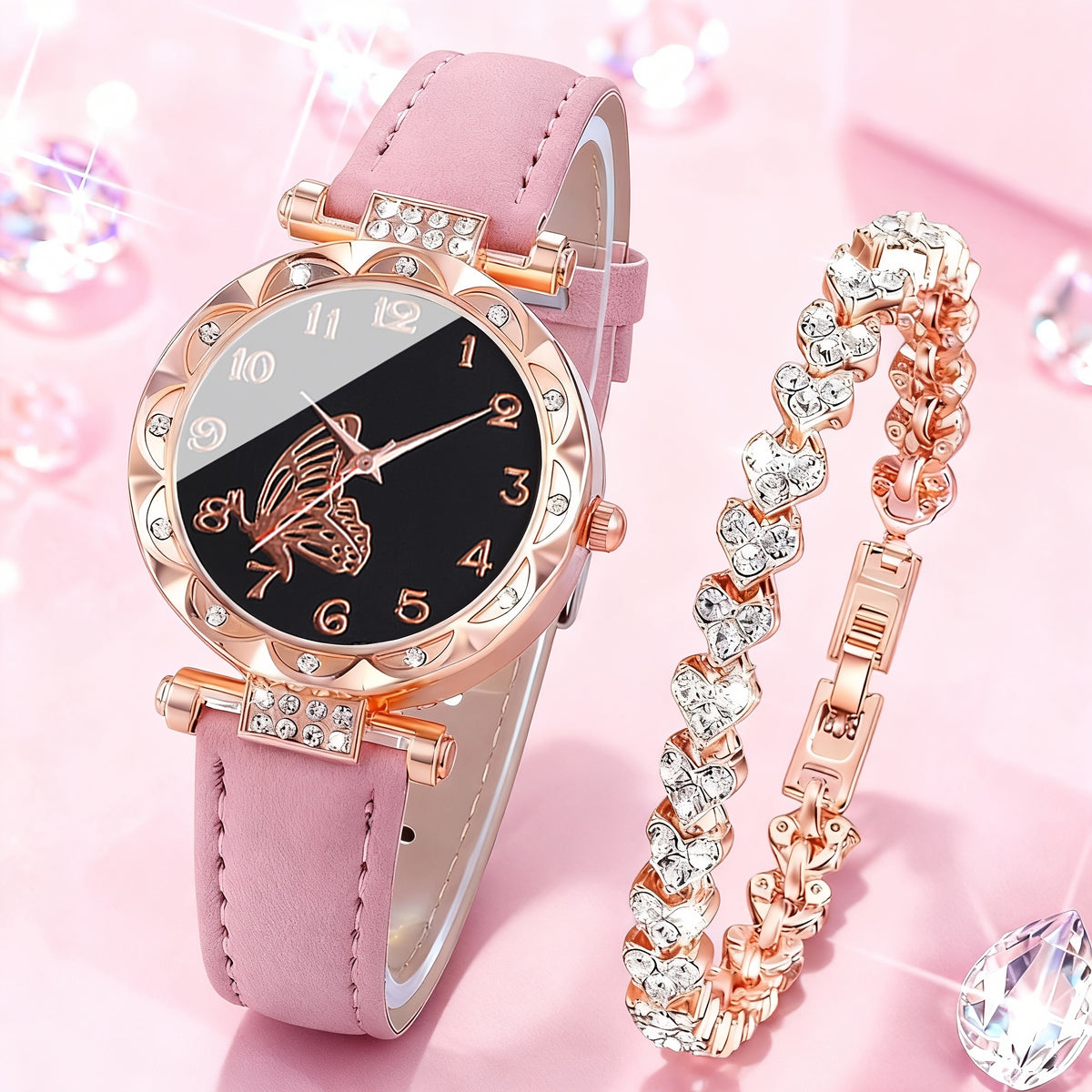 Women's Quartz Watch - Couple Set for - Rhinestone Heart Dial Watches Rose Gold Pink Faux Leather - product detail view 38