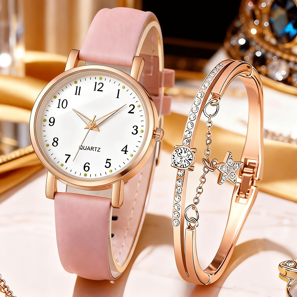 Women's Quartz Watch - Couple Set for - Rhinestone Heart Dial Watches Rose Gold Pink Faux Leather - product detail view 39