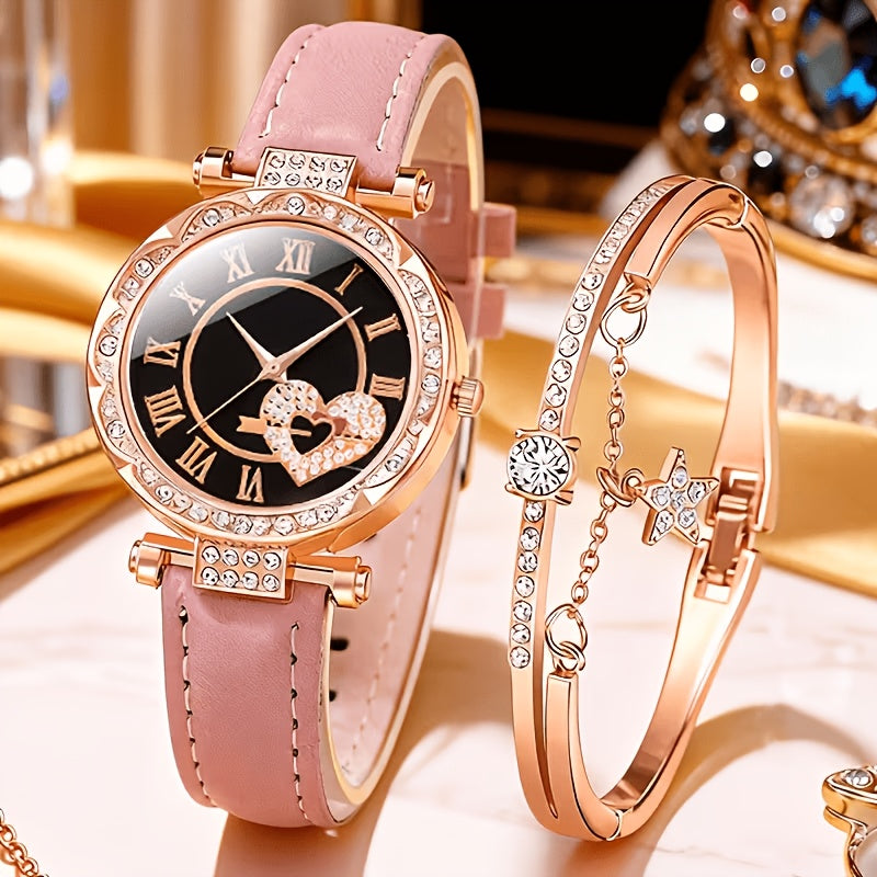 Women's Quartz Watch - Couple Set for - Rhinestone Heart Dial Watches Rose Gold Pink Faux Leather - product detail view 42