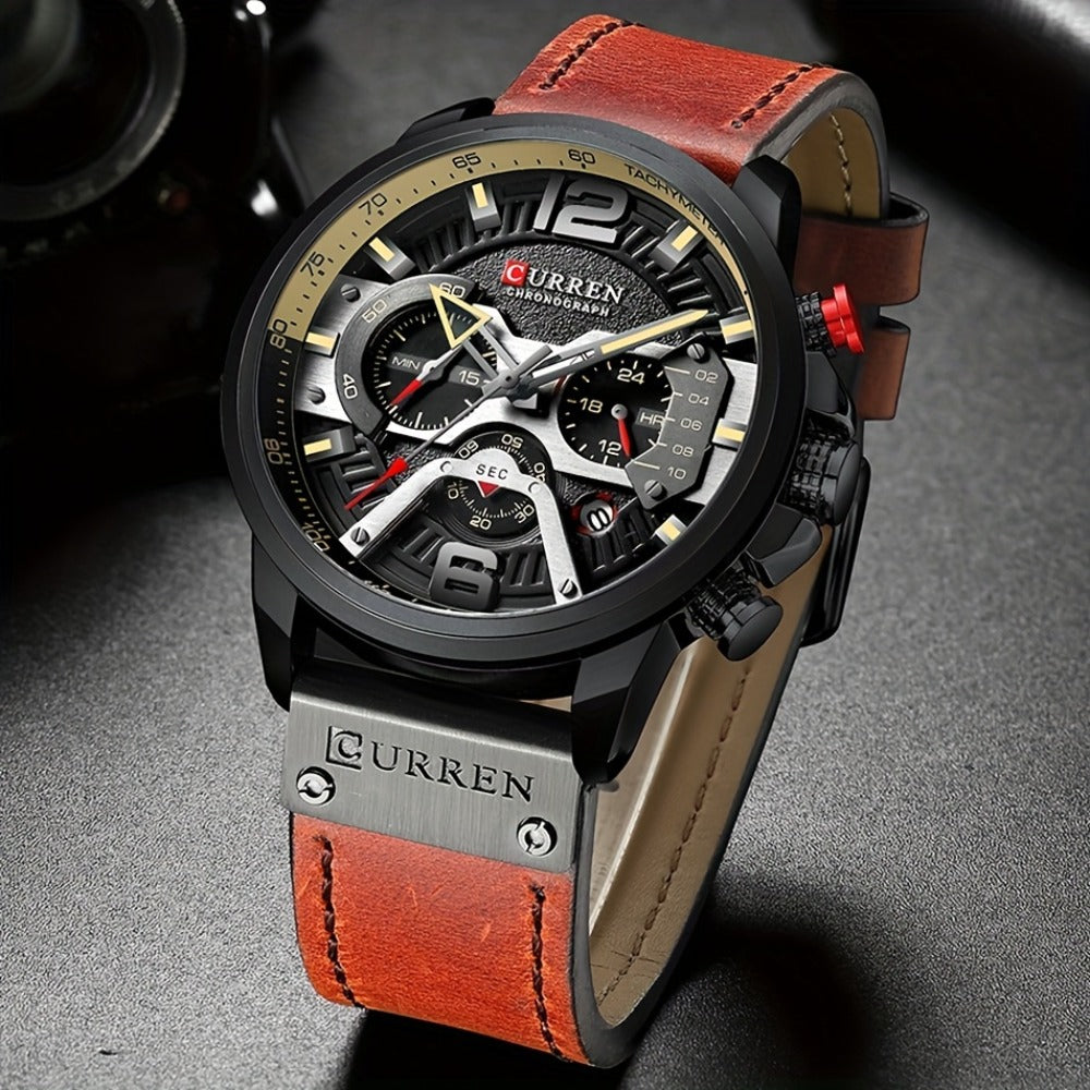 Men's Quartz Watch - CURREN Business Chronograph Faux Leather Strap Analog Date Stopwatch - product detail view 7