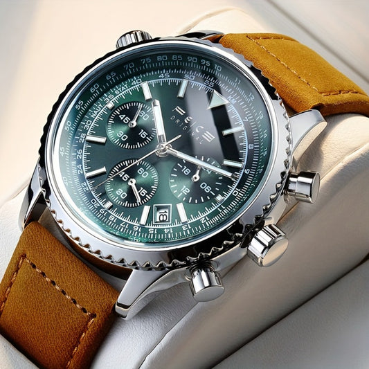 Men's Quartz Watch - FEICE Pilot Series 's Chronograph, Green & Gray Dial, Luminous, Calendar - main product view