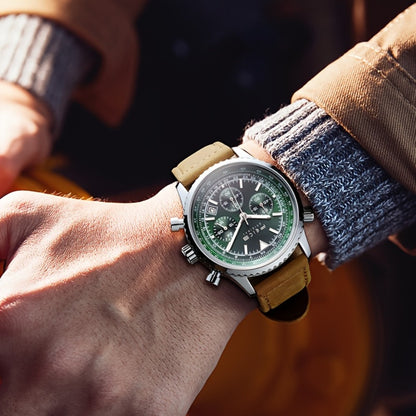 Men's Quartz Watch - FEICE Pilot Series 's Chronograph, Green & Gray Dial, Luminous, Calendar - product detail view 2