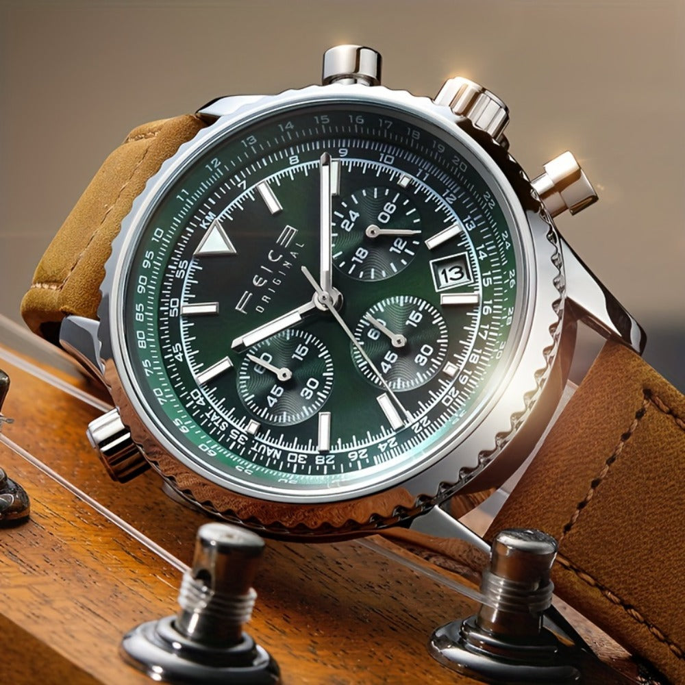 Men's Quartz Watch - FEICE Pilot Series 's Chronograph, Green & Gray Dial, Luminous, Calendar - product detail view 6