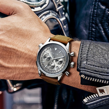 Men's Quartz Watch - FEICE Pilot Series 's Chronograph, Green & Gray Dial, Luminous, Calendar - product detail view 7