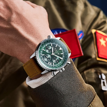 Men's Quartz Watch - FEICE Pilot Series 's Chronograph, Green & Gray Dial, Luminous, Calendar - product detail view 8