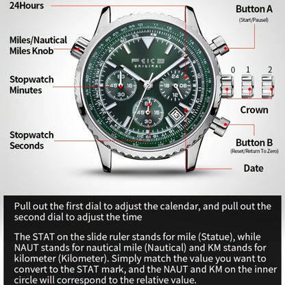 Men's Quartz Watch - FEICE Pilot Series 's Chronograph, Green & Gray Dial, Luminous, Calendar - product detail view 12