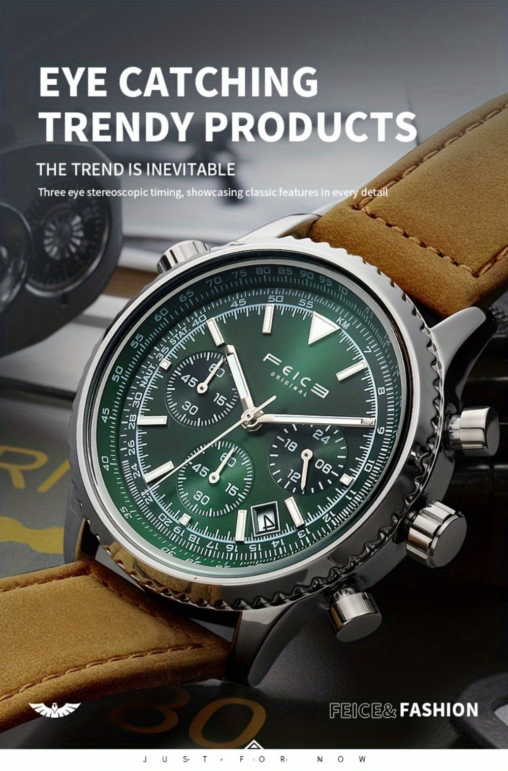 Men's Quartz Watch - FEICE Pilot Series 's Chronograph, Green & Gray Dial, Luminous, Calendar - product detail view 16