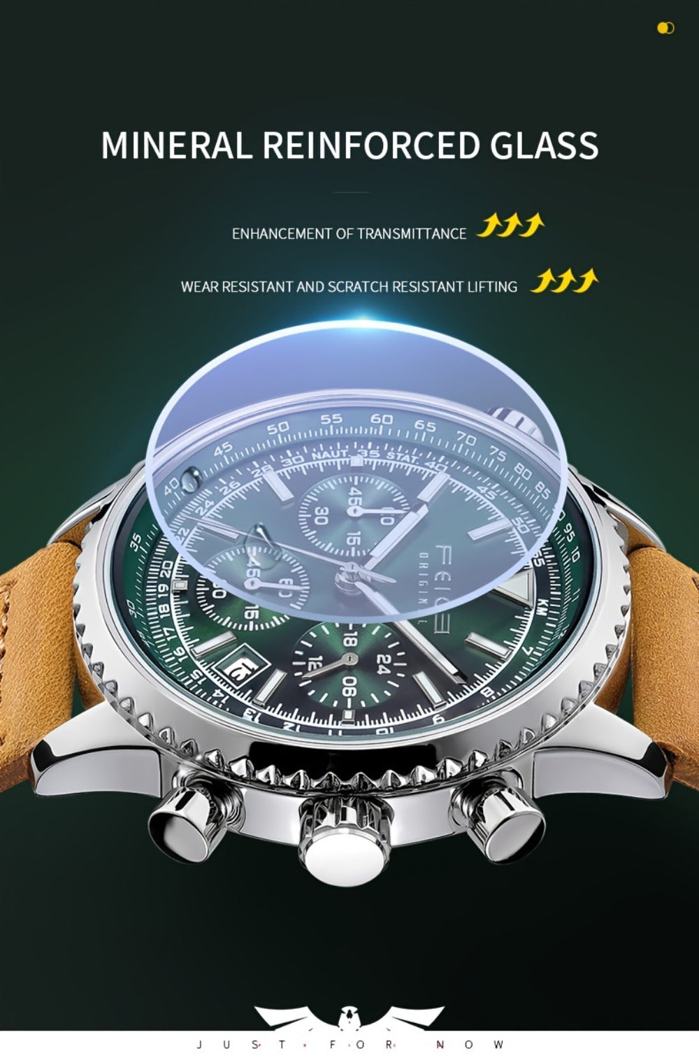 Men's Quartz Watch - FEICE Pilot Series 's Chronograph, Green & Gray Dial, Luminous, Calendar - product detail view 18