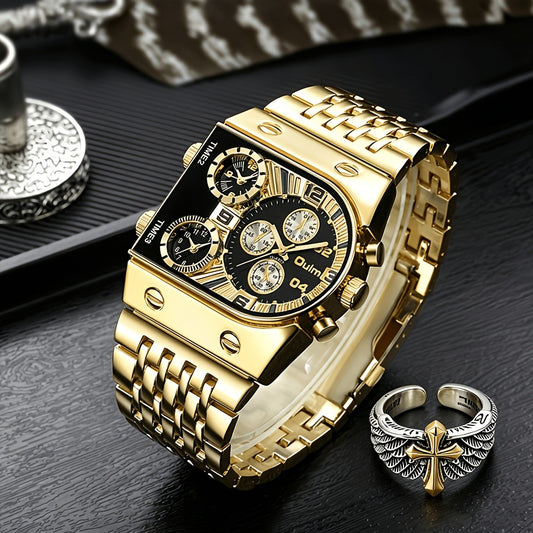 Men's Quartz Watch - Gold for Luxury Chronograph Roman Numeral Dial Date Multi-Timezone Alloy - main product view