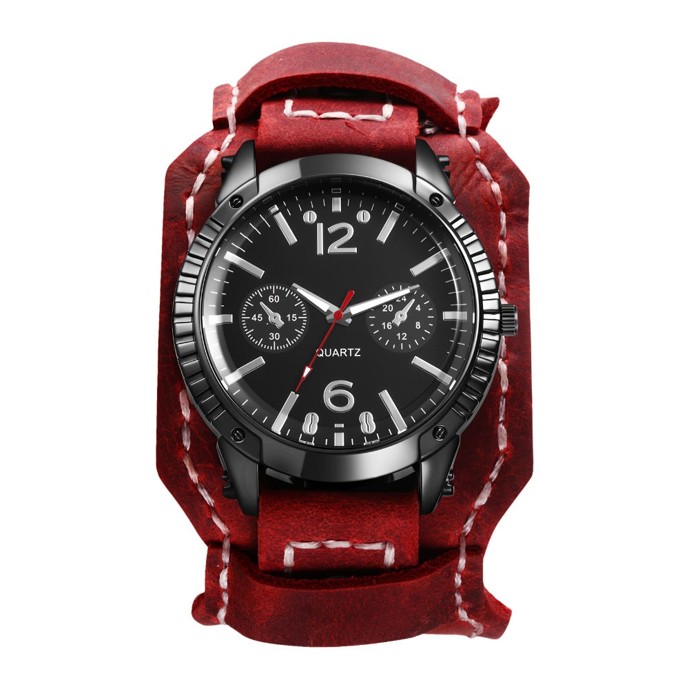 Men's Quartz Watch - Gothic Punk Leather Cuff Wristwatch for Wide Genuine Leather Band - product detail view 14