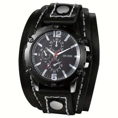 Men's Quartz Watch - Gothic Punk Leather Cuff Wristwatch for Wide Genuine Leather Band - product detail view 15