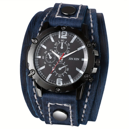 Men's Quartz Watch - Gothic Punk Leather Cuff Wristwatch for Wide Genuine Leather Band - product detail view 18