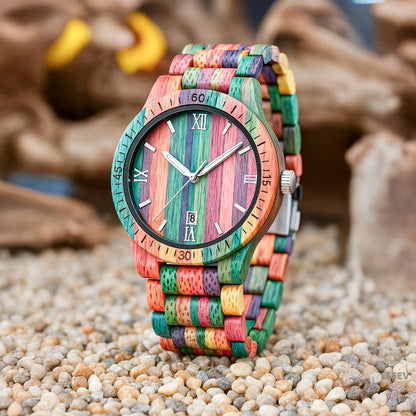 Men's Quartz Watch - Handmade Bamboo Engraved Wooden with Luminous Hands & Date Display - main product view