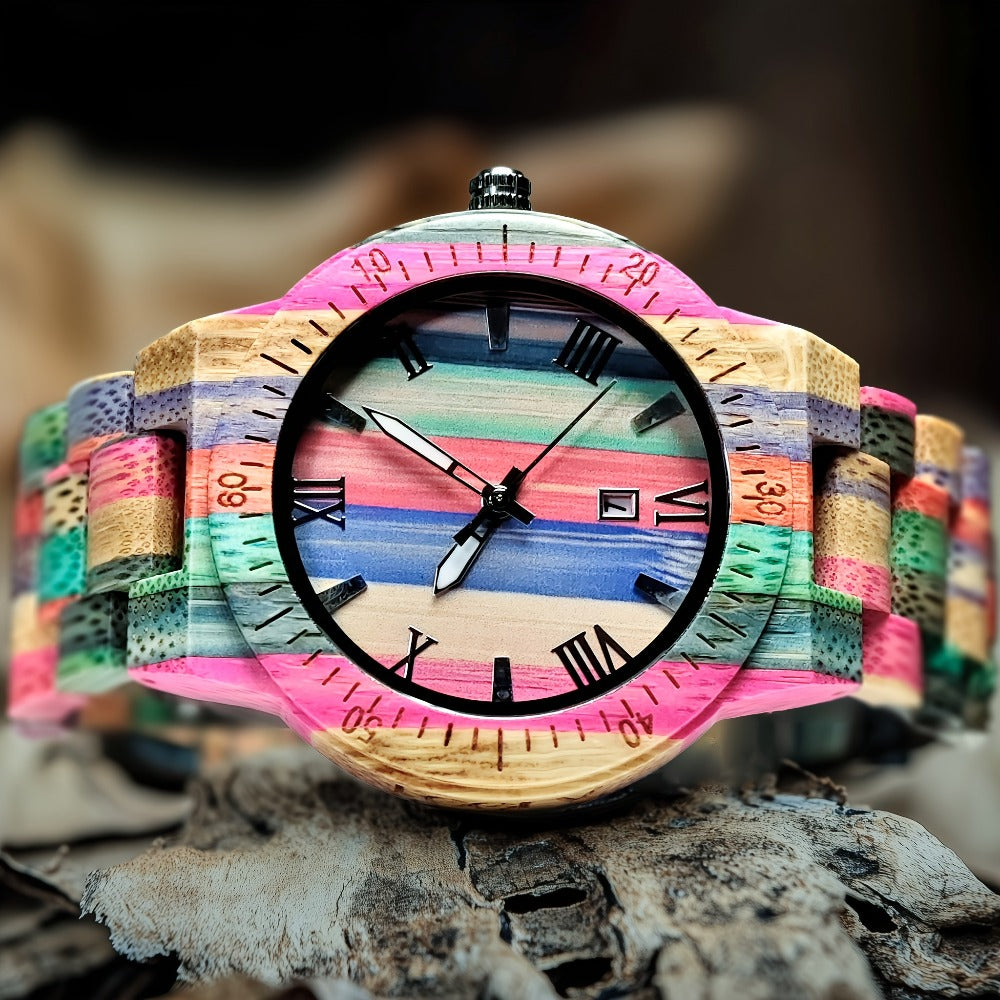 Men's Quartz Watch - Handmade Bamboo Engraved Wooden with Luminous Hands & Date Display - product detail view 6