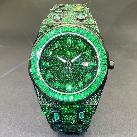 Men's Quartz Watch - Iced Out 's MISSFOX Luxury Hip Hop Square Rhinestone Wristwatch, Green - main product view
