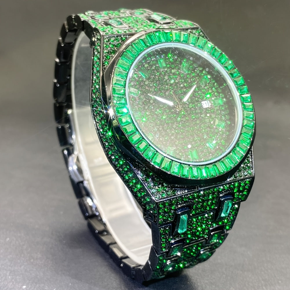 Men's Quartz Watch - Iced Out 's MISSFOX Luxury Hip Hop Square Rhinestone Wristwatch, Green - product detail view 4