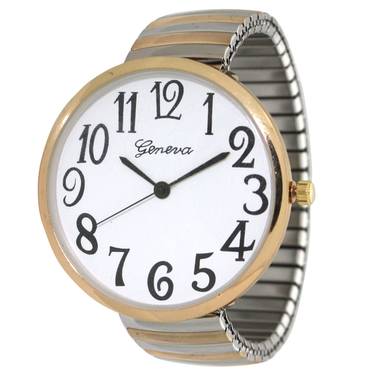 Women's Quartz Watch - Large Face for Metallic Shiny Two-Tone Stretch Band, Big Dial Wristwatch - main product view