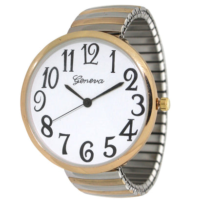 Women's Quartz Watch - Large Face for Metallic Shiny Two-Tone Stretch Band, Big Dial Wristwatch - main product view