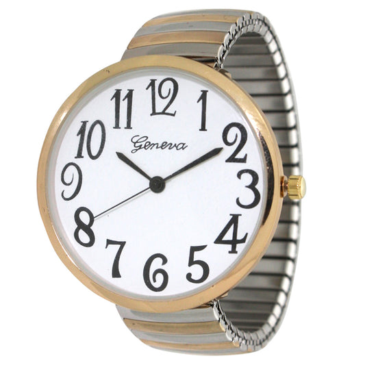 Women's Quartz Watch - Large Face for Metallic Shiny Two-Tone Stretch Band, Big Dial Wristwatch - main product view