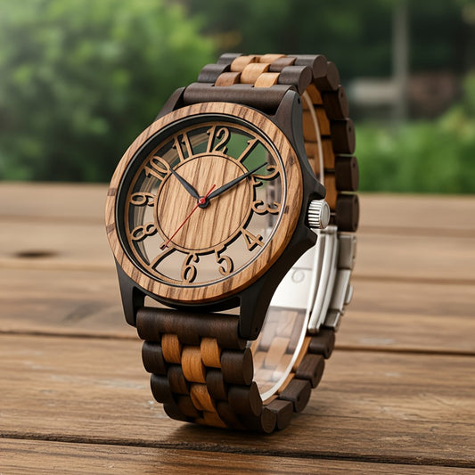 Men's Quartz Watch - LeeEv Wooden for - Natural Wood Hollow Skeleton Dial Wristwatch, Arabic - main product view