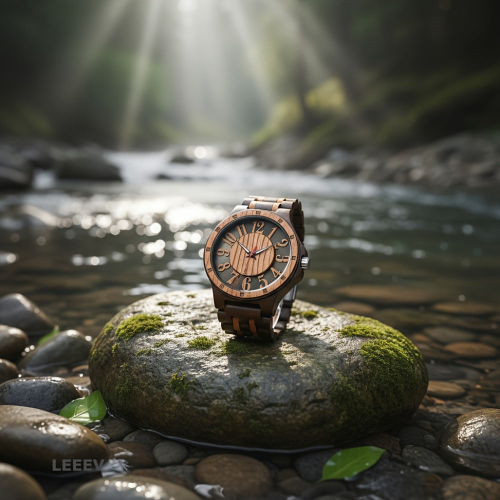 Men's Quartz Watch - LeeEv Wooden for - Natural Wood Hollow Skeleton Dial Wristwatch, Arabic - product detail view 2