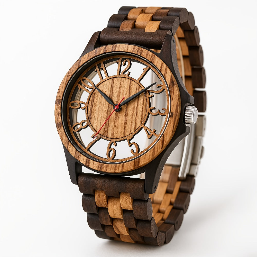 Men's Quartz Watch - LeeEv Wooden for - Natural Wood Hollow Skeleton Dial Wristwatch, Arabic - product detail view 4