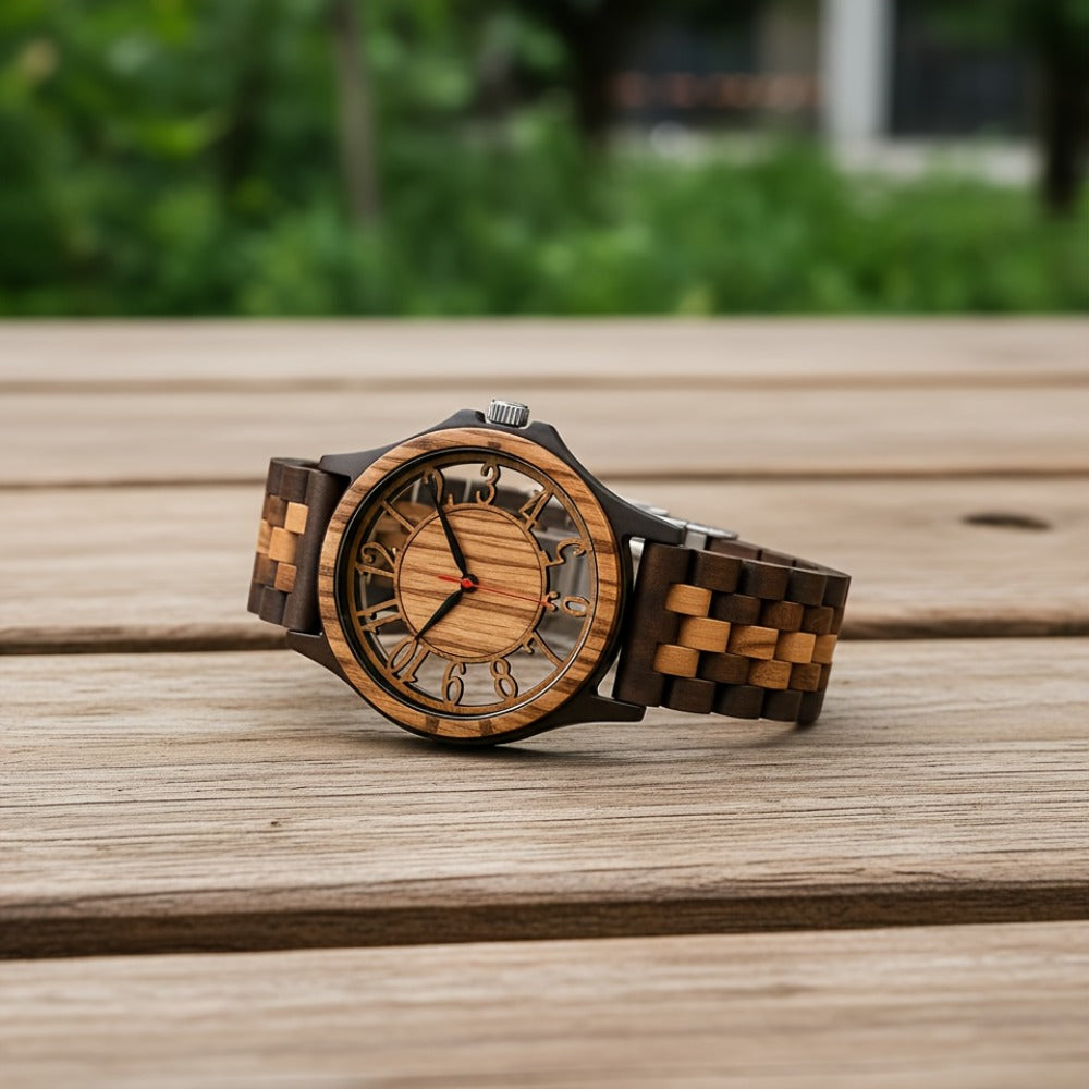 Men's Quartz Watch - LeeEv Wooden for - Natural Wood Hollow Skeleton Dial Wristwatch, Arabic - product detail view 7