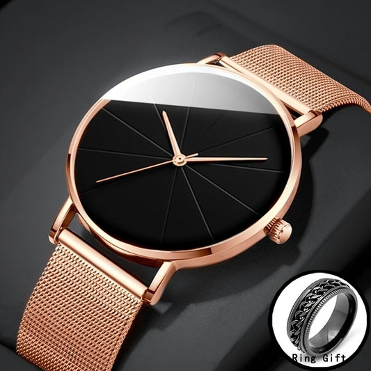 Men's Quartz Watch - Minimalist Large Dial for & Women - Rose Gold Case Mesh Strap Japanese - main product view