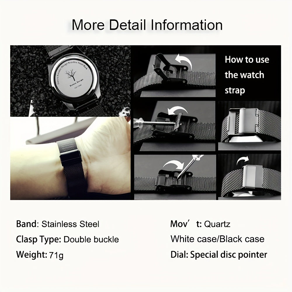 Men's Quartz Watch - Minimalist No-Hands with Stainless Steel Strap - Contemporary Industrial - product detail view 19