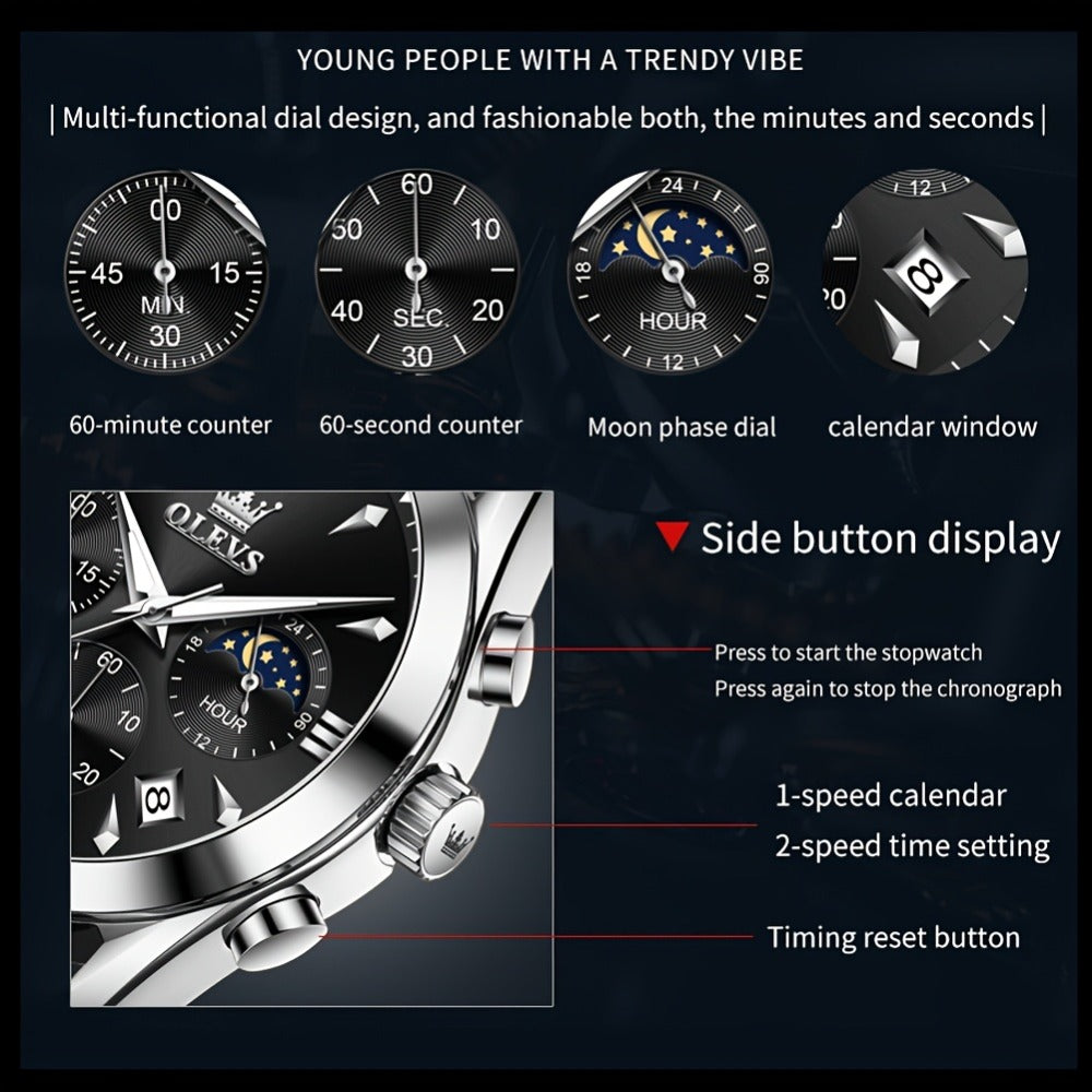 Men's Quartz Watch - Multifunction Chronograph for O1LEVS 6-Hand , Moon Phase, Luminous - product detail view 9