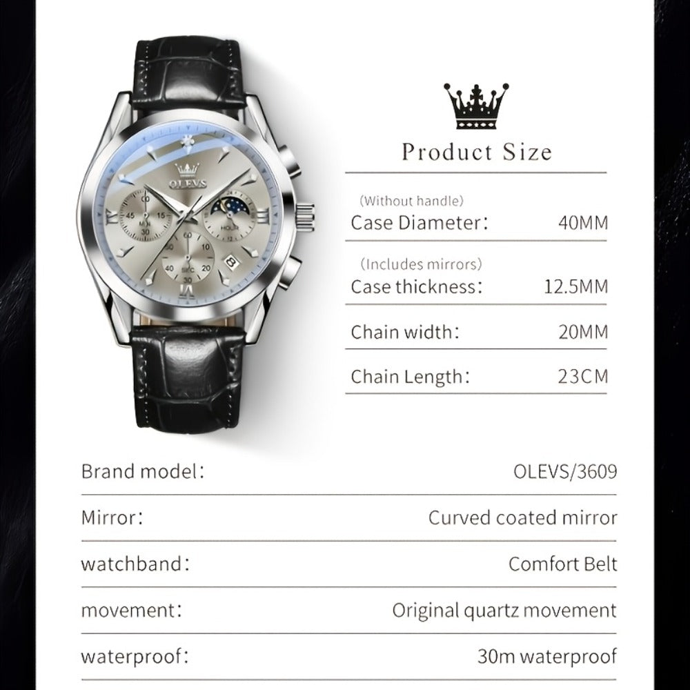 Men's Quartz Watch - Multifunction Chronograph for O1LEVS 6-Hand , Moon Phase, Luminous - product detail view 11