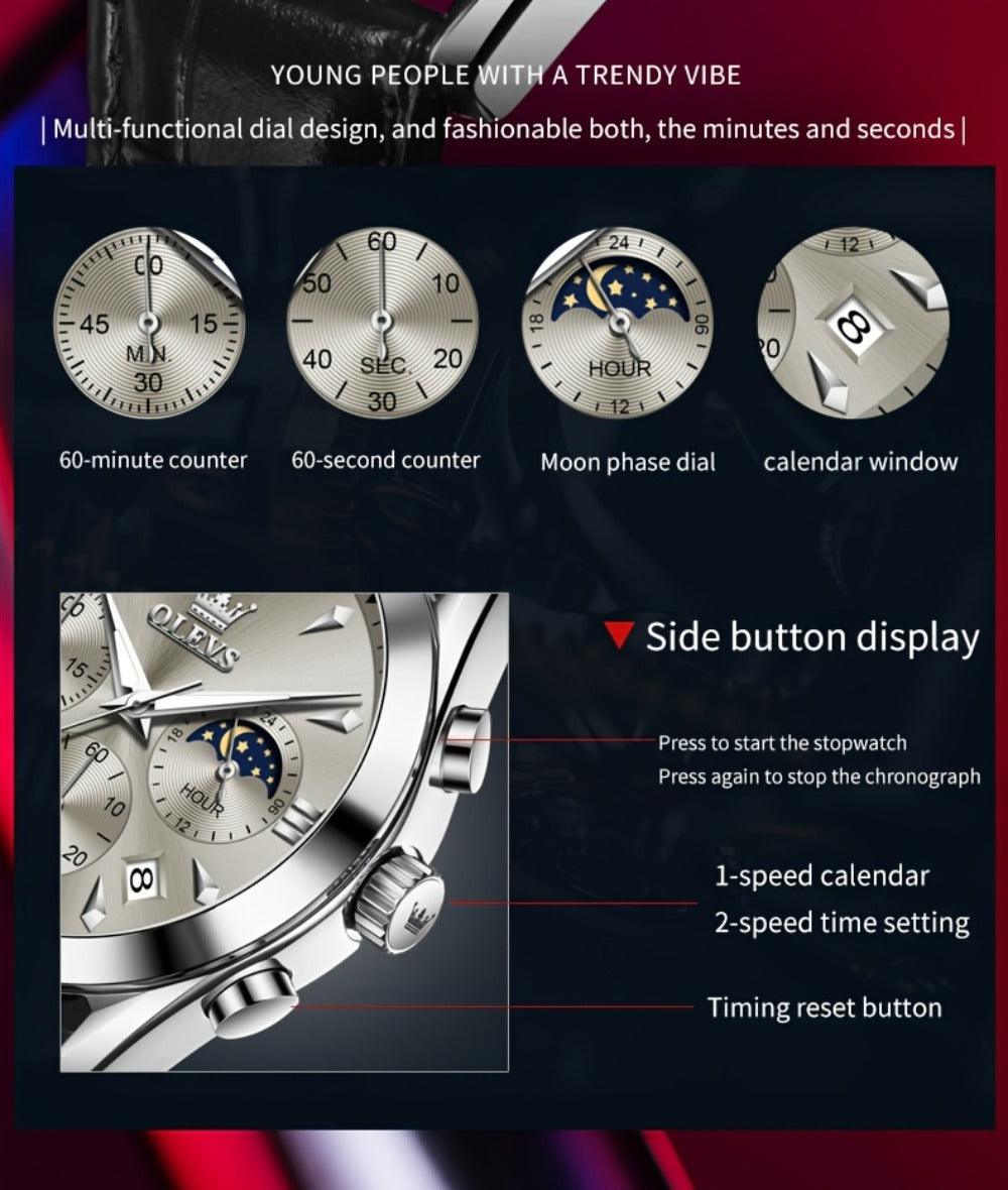 Men's Quartz Watch - Multifunction Chronograph for O1LEVS 6-Hand , Moon Phase, Luminous - product detail view 18