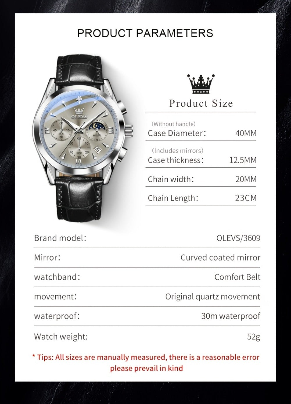 Men's Quartz Watch - Multifunction Chronograph for O1LEVS 6-Hand , Moon Phase, Luminous - product detail view 21