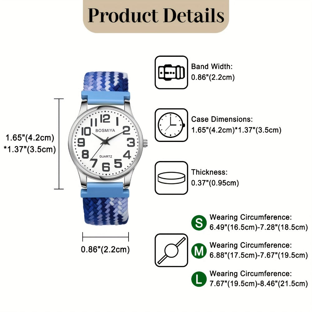Men's Quartz Watch - Nylon Braided Band Unisex 22mm Elastic Soft Sport Wristwatch, Stainless - product detail view 2