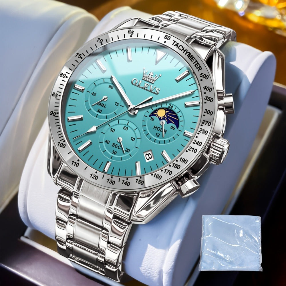 Men's Quartz Watch - OLEVS 's Chronograph Moon Phase, Multifunction Sport & Dress , Stainless - main product view