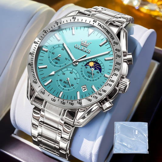 Men's Quartz Watch - OLEVS 's Chronograph Moon Phase, Multifunction Sport & Dress , Stainless - main product view