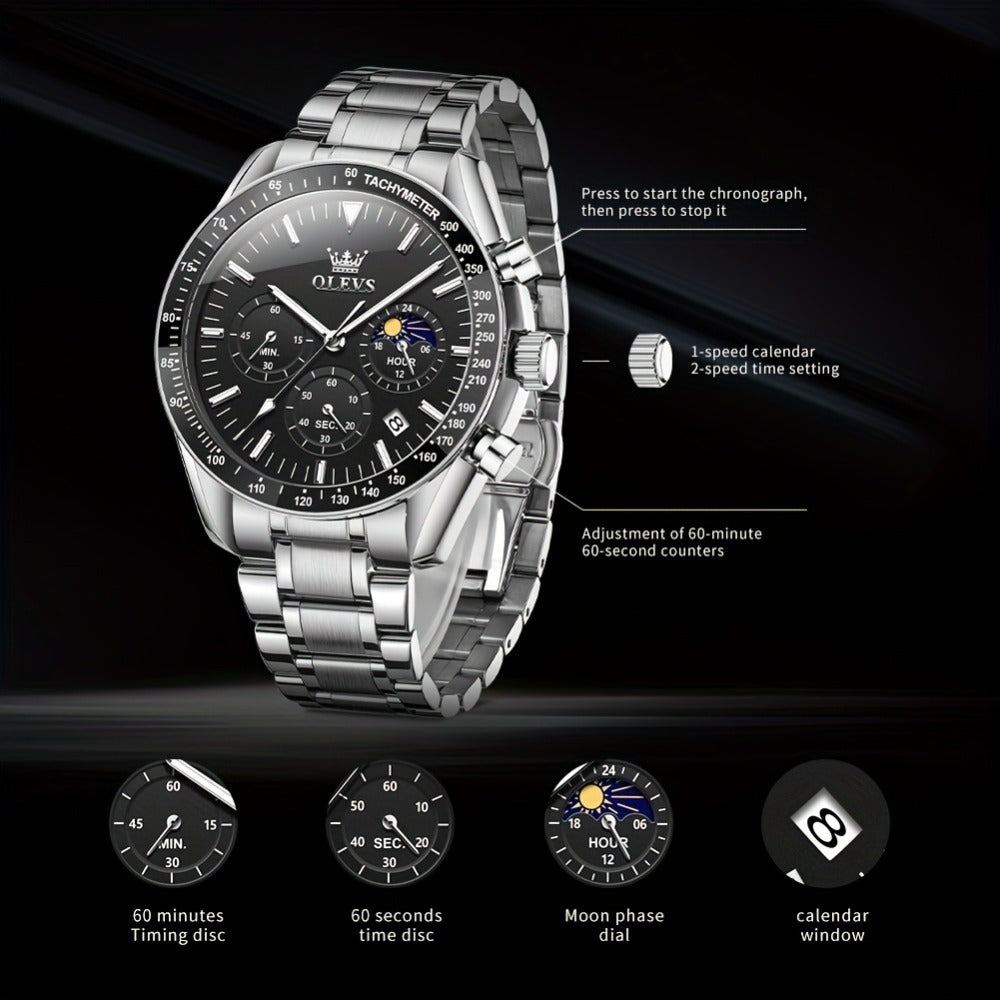 Men's Quartz Watch - OLEVS 's Chronograph Moon Phase, Multifunction Sport & Dress , Stainless - product detail view 6
