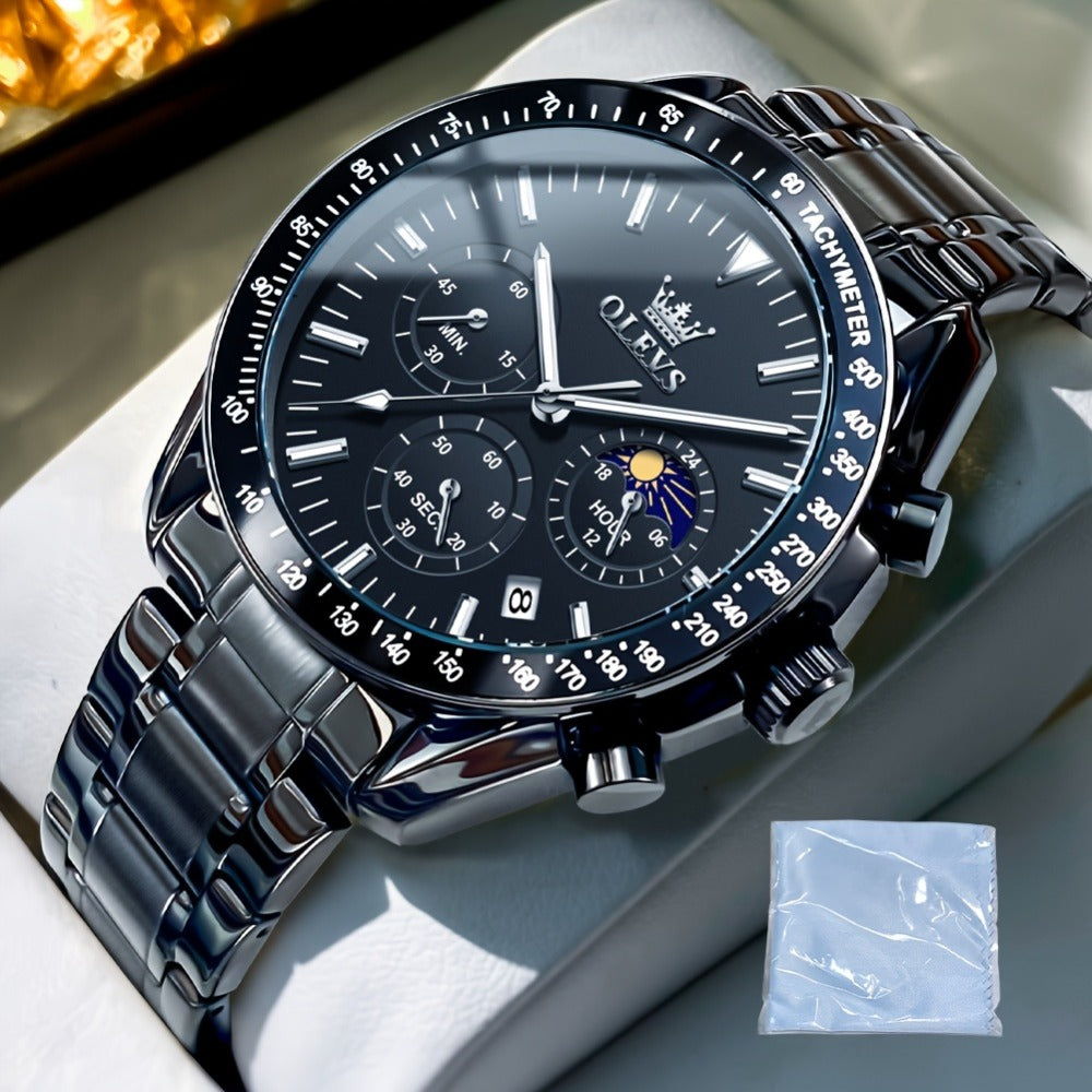 Men's Quartz Watch - OLEVS 's Chronograph Moon Phase, Multifunction Sport & Dress , Stainless - product detail view 9