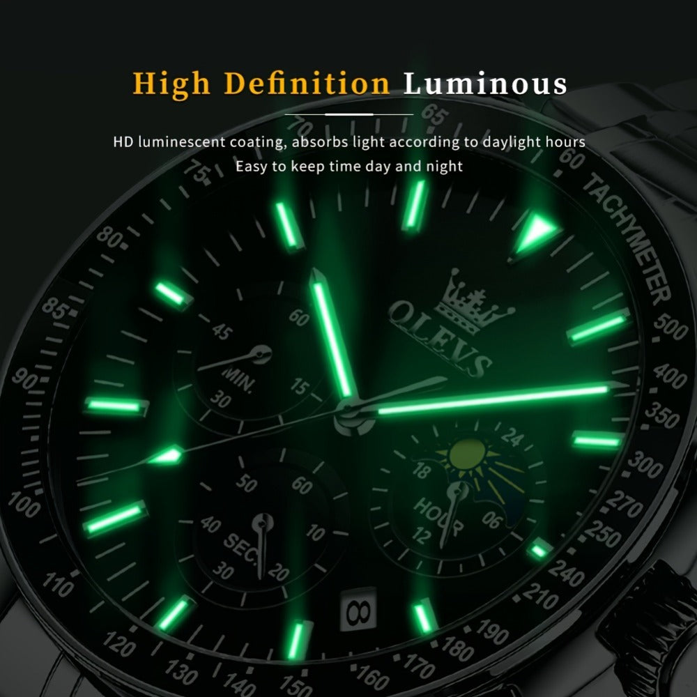 Men's Quartz Watch - OLEVS 's Chronograph Moon Phase, Multifunction Sport & Dress , Stainless - product detail view 10