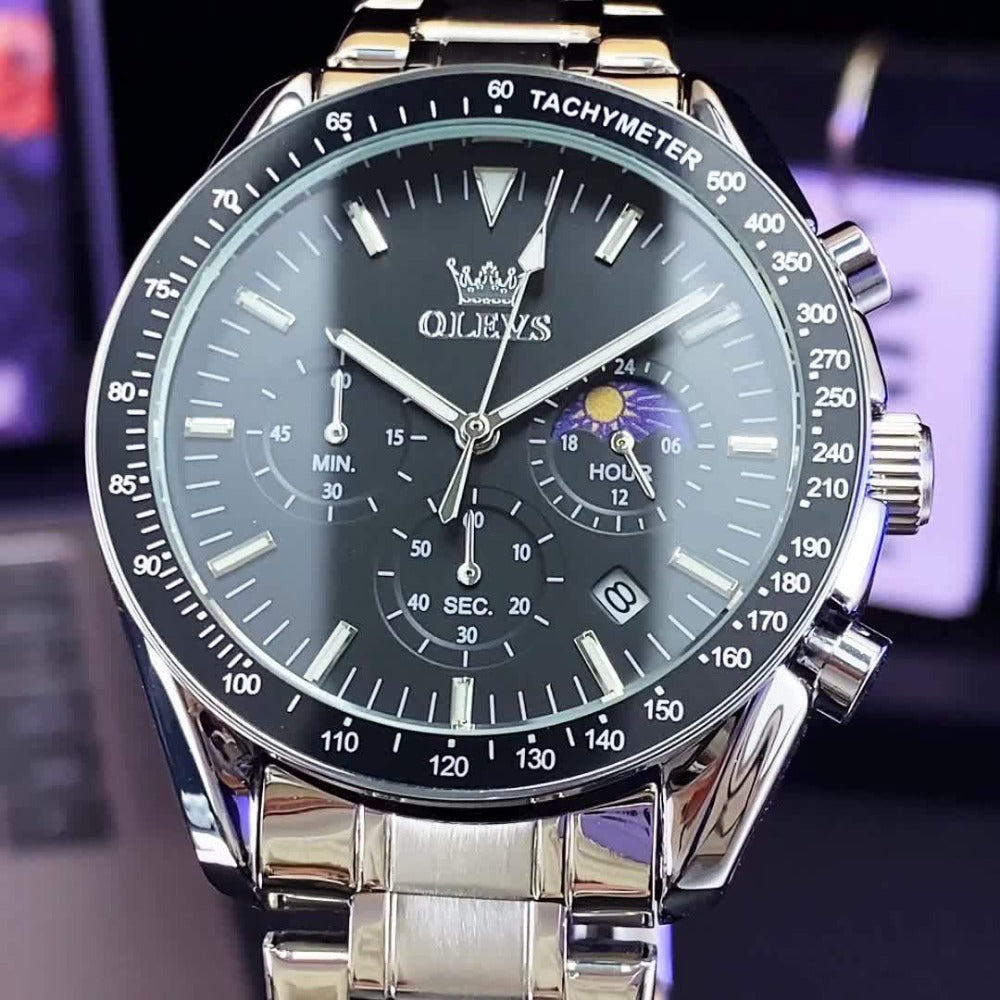 Men's Quartz Watch - OLEVS 's Chronograph Moon Phase, Multifunction Sport & Dress , Stainless - product detail view 14