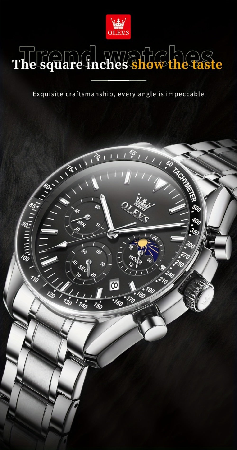 Men's Quartz Watch - OLEVS 's Chronograph Moon Phase, Multifunction Sport & Dress , Stainless - product detail view 15