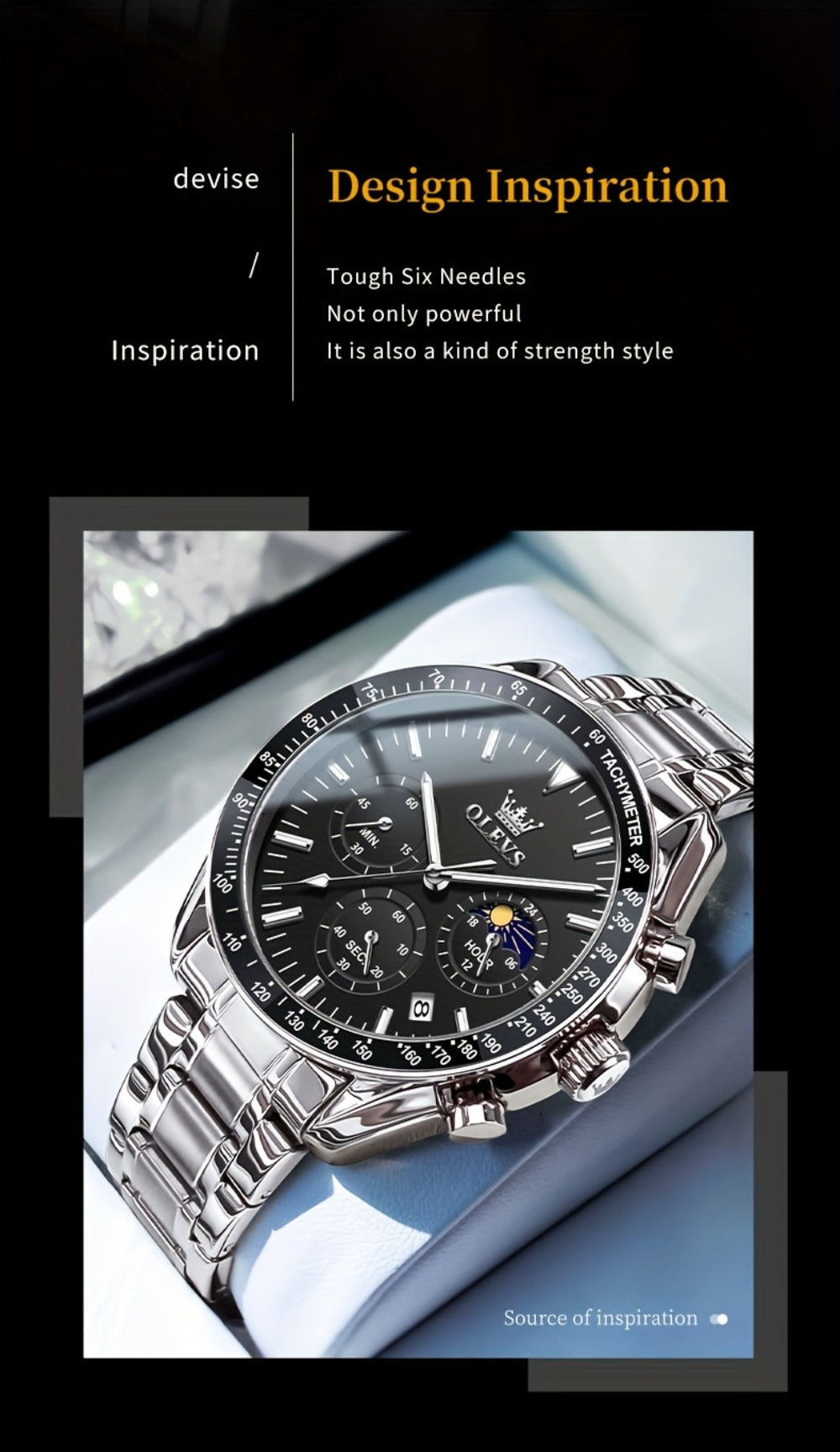 Men's Quartz Watch - OLEVS 's Chronograph Moon Phase, Multifunction Sport & Dress , Stainless - product detail view 16