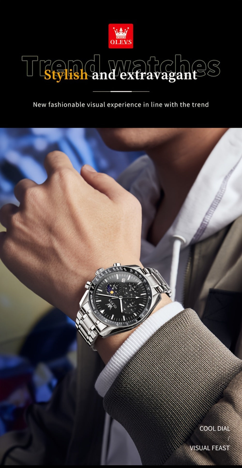 Men's Quartz Watch - OLEVS 's Chronograph Moon Phase, Multifunction Sport & Dress , Stainless - product detail view 17