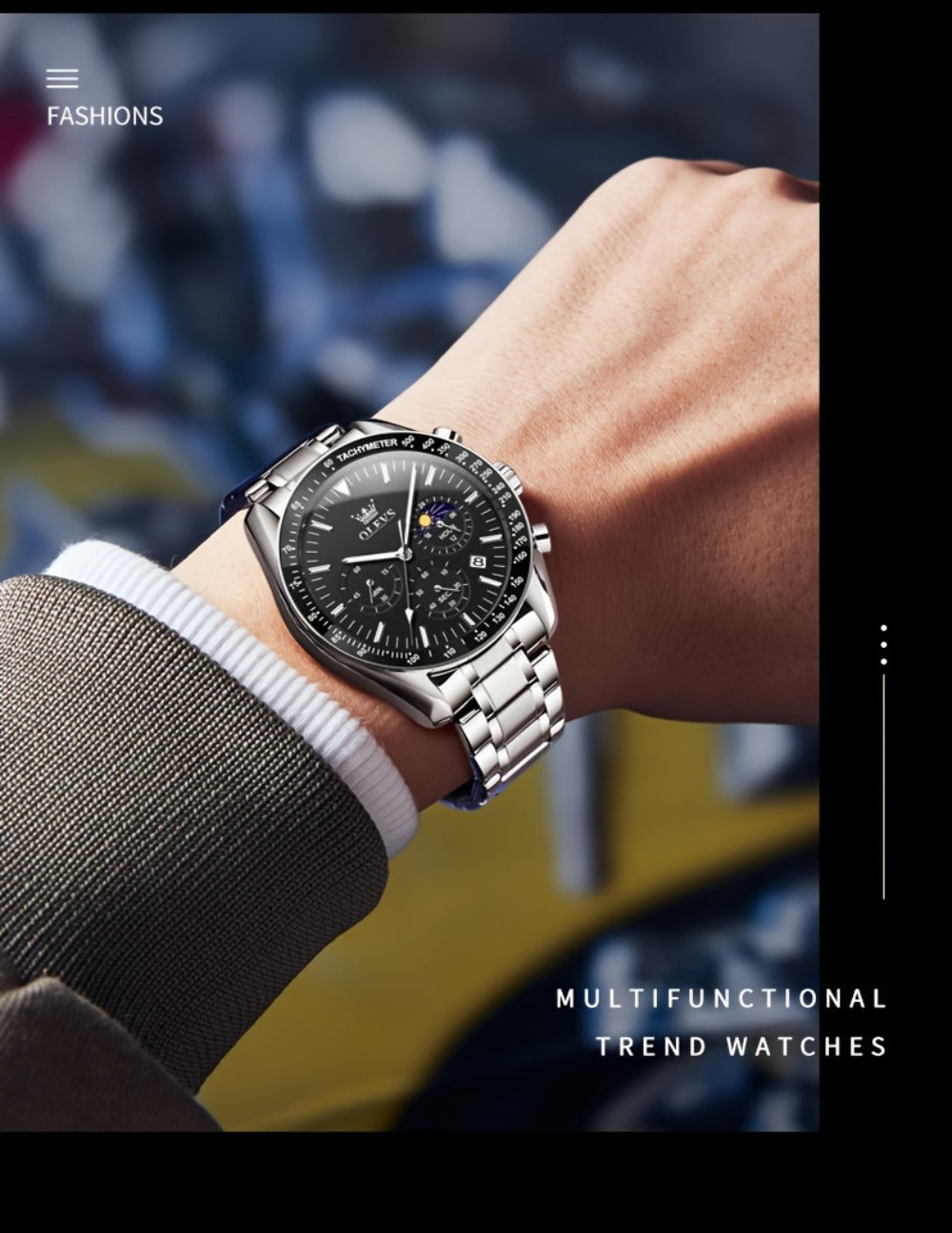 Men's Quartz Watch - OLEVS 's Chronograph Moon Phase, Multifunction Sport & Dress , Stainless - product detail view 18