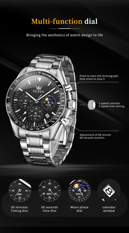 Men's Quartz Watch - OLEVS 's Chronograph Moon Phase, Multifunction Sport & Dress , Stainless - product detail view 19