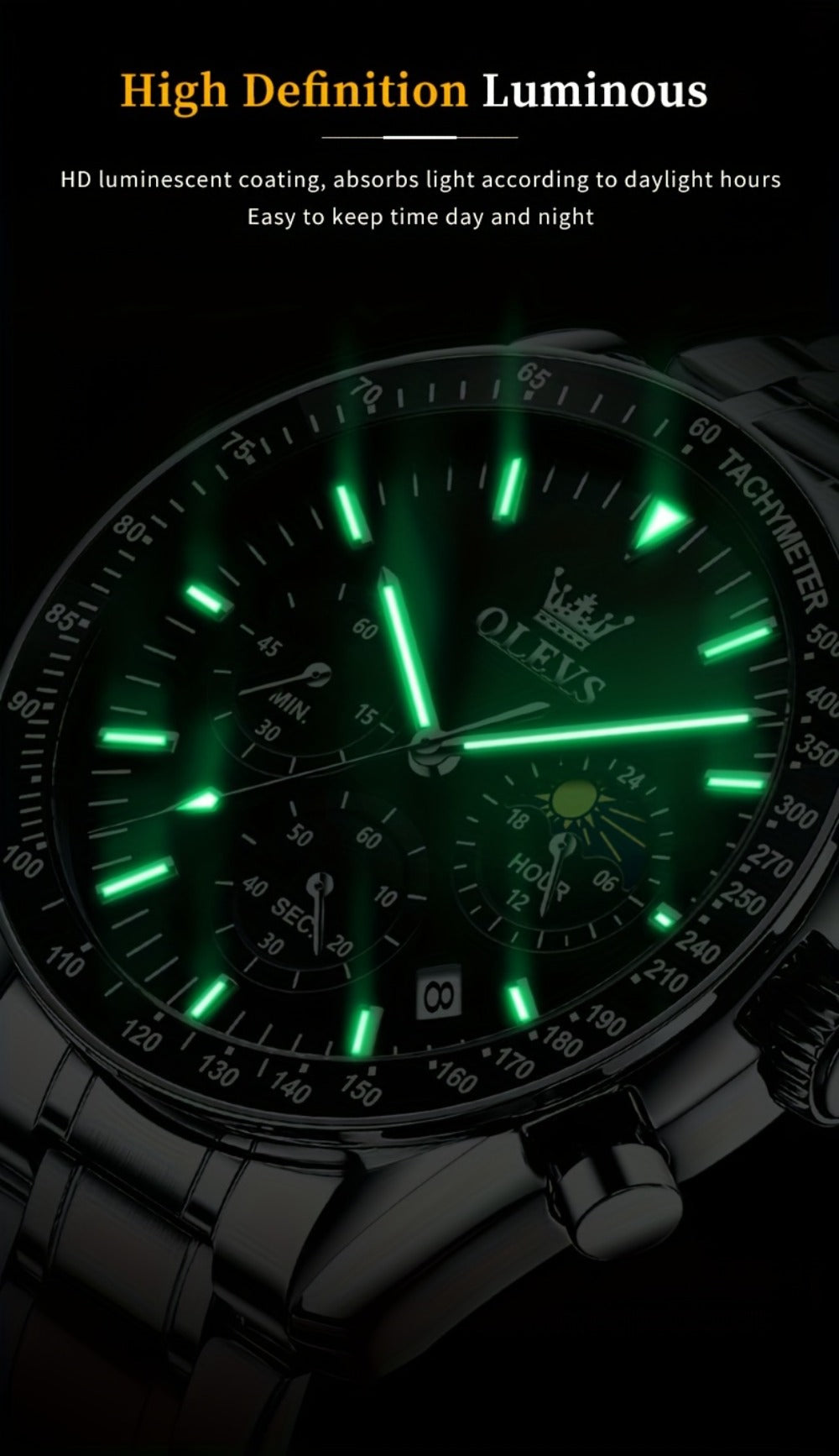 Men's Quartz Watch - OLEVS 's Chronograph Moon Phase, Multifunction Sport & Dress , Stainless - product detail view 21