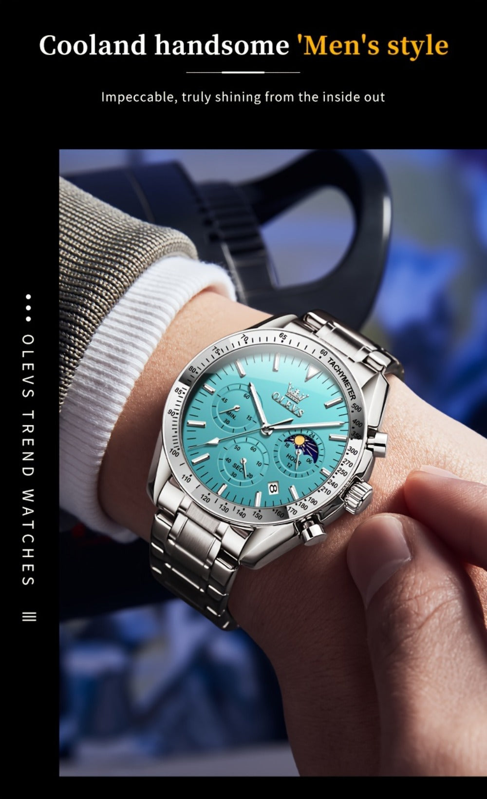 Men's Quartz Watch - OLEVS 's Chronograph Moon Phase, Multifunction Sport & Dress , Stainless - product detail view 24