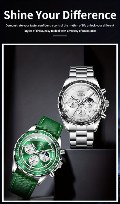 Men's Quartz Watch - OLEVS 's Luxury Chronograph Moon Phase Big Face Calendar Waterproof - product detail view 19