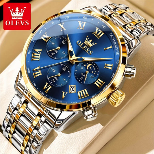 Men's Quartz Watch - OLEVS 's Luxury Dress Stainless Steel Chronograph, Moon Phase, Roman - main product view