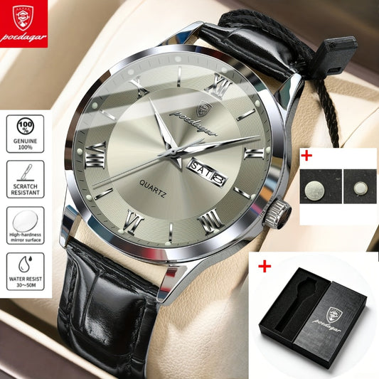 Men's Quartz Watch - POEDAGAR 978P 's 3ATM Waterproof Date Display PU Leather Band Fashion - main product view